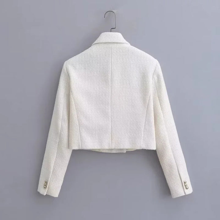 Damen kurze Bouclé-Cropped-Jacke mit Reverskragen und dekorativen Metallknöpfen – Célinea