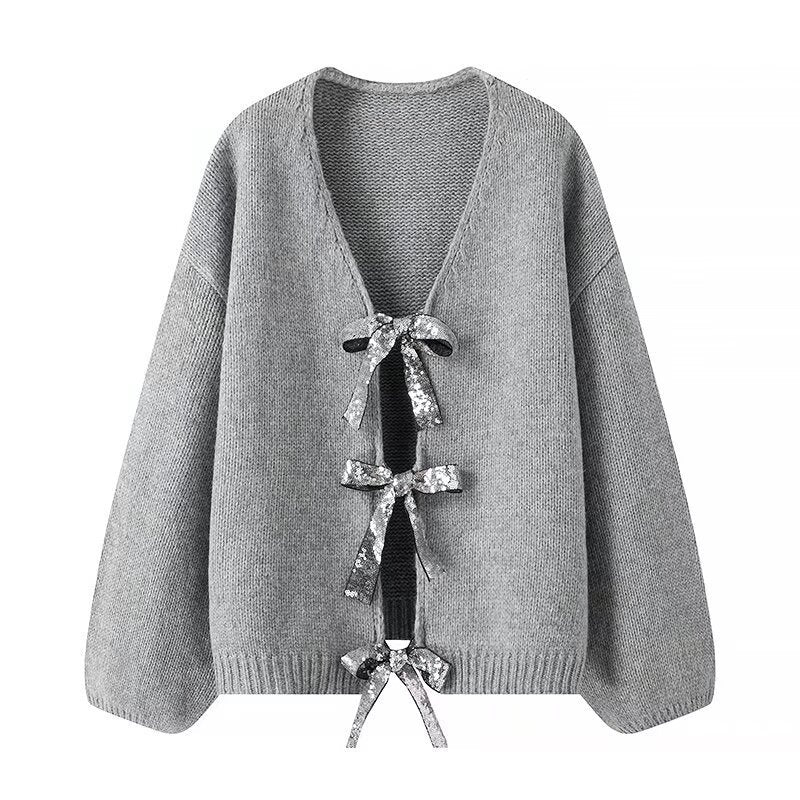 Damen Oversize-Strickcardigan mit V‑Ausschnitt und Pailletten‑Schleifen Echo Archiv