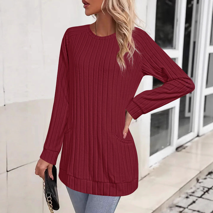 Damen Gerippter Longpullover-Tunika mit Rundhals, Seitentaschen und legerer Passform Echoarchiv