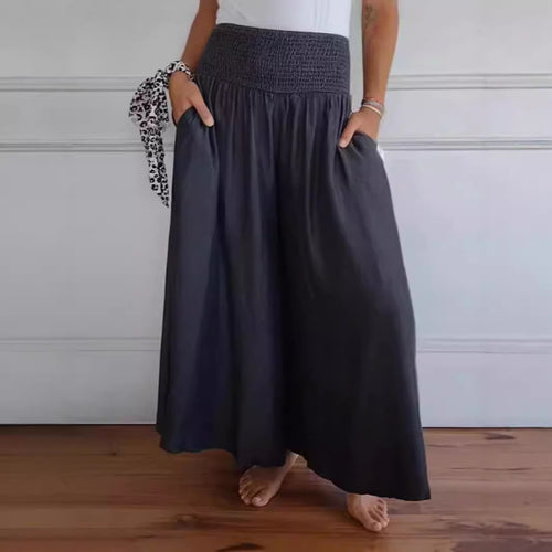 Damen-Maxi-Rock mit hohem Smockbund, weitem Fall und seitlichen Taschen – Valéora