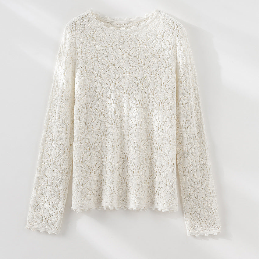 Damen Feines Häkel-Longsleeve mit floraler Lochmuster-Struktur und legerer Silhouette Echoarchiv