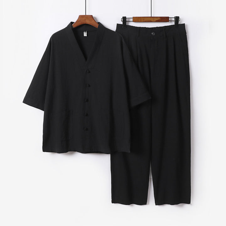 Unisex Zen-inspiriertes Relax-Set mit Kurzarm-Kimono-Oberteil, verdeckter Knopfleiste und elastischer Bundhose Echoarchiv