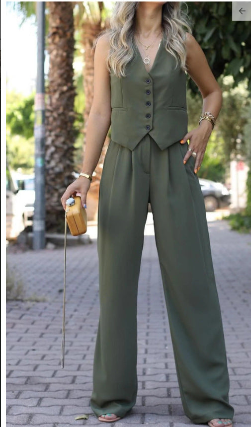 Damen Eleganter Zweiteiler mit taillierter Weste und weiter Palazzo-Hose – Célinea