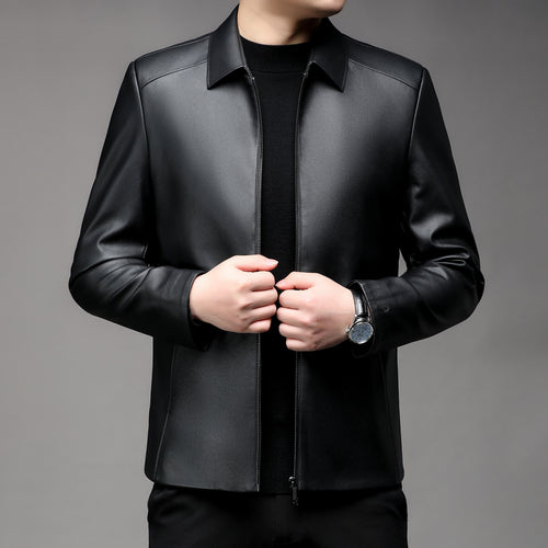 Herren Glatte Kunstleder-Zipjacke mit Hemdkragen und schlanker Silhouette Echoarchiv