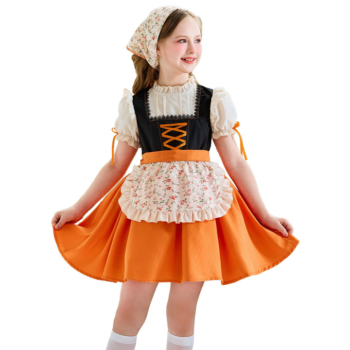 Damen nan traditionelles Kinderdirndl mit Schnürung, Rüschenschürze und Kopftuch Echo Archiv