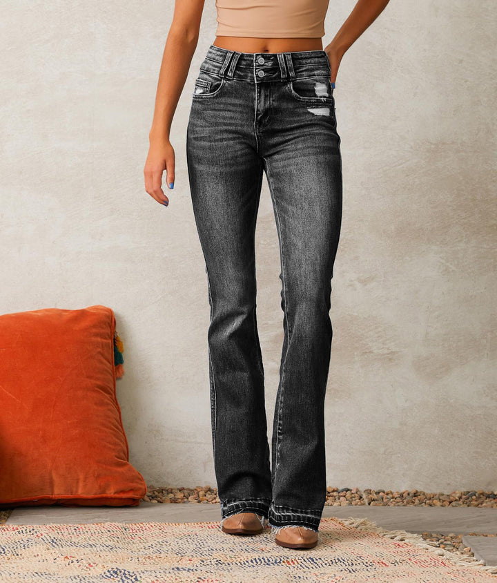 Damen nan hochtaillierte Vintage-Bootcut-Jeans mit doppelter Knopfleiste, leichtem Destroyed-Detail und ausgefranstem Saum Echo Archiv