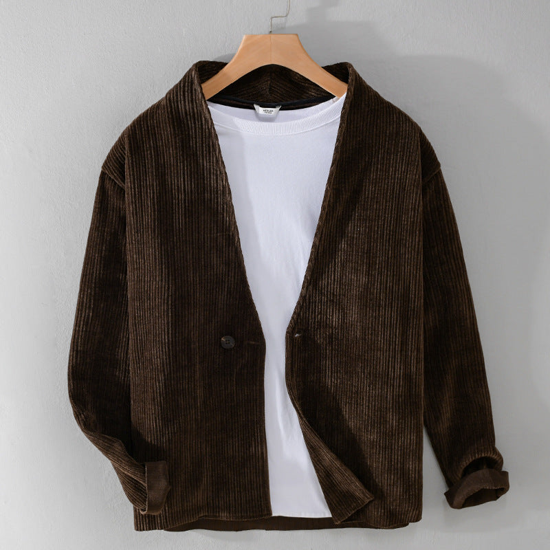 Herren Cord-Overshirt-Sakko mit V-Ausschnitt und Ein-Knopfverschluss Echoarchiv