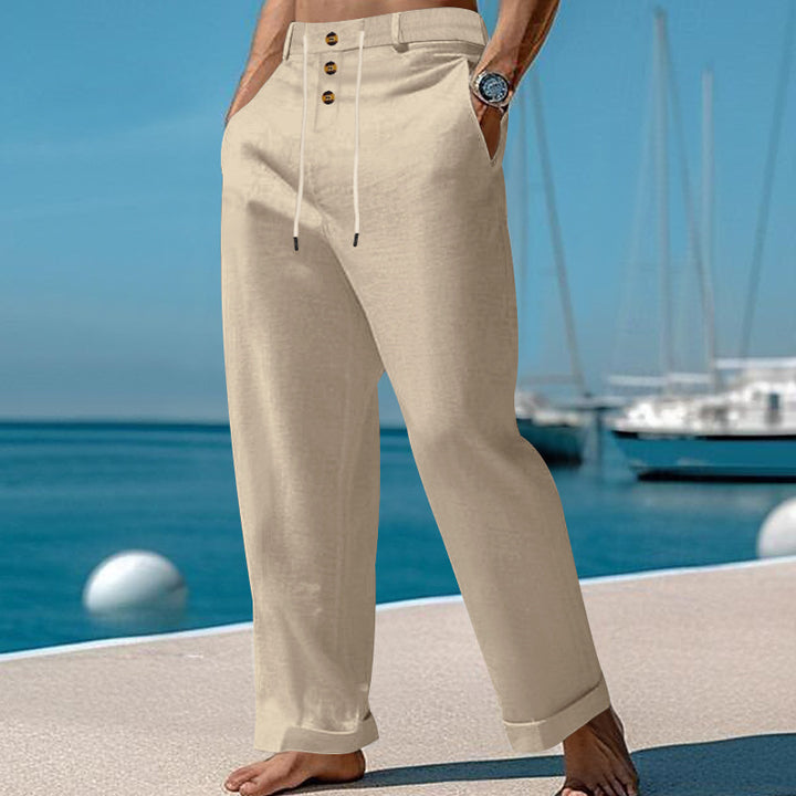 Herren lockere Leinenhose mit verstellbarem Bund und Knopfdetails Echoarchiv