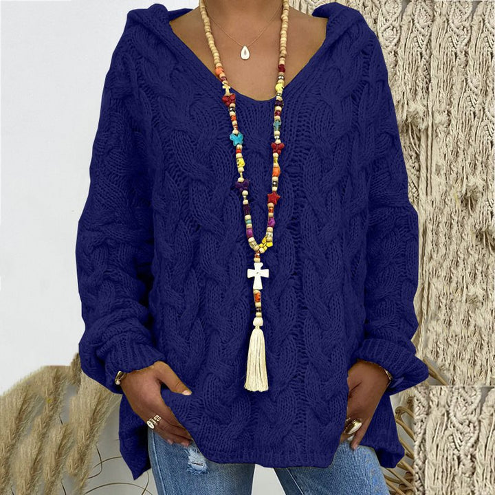 Damen Oversized Zopfmuster-Strickpullover mit Kapuze und lässigem V‑Ausschnitt Echo Archiv