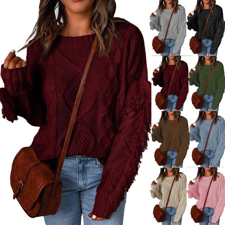 Damen Grobstrick-Pullover mit Zopfstruktur, fransigen Ärmeln und legerer Oversize-Passform Echo Archiv