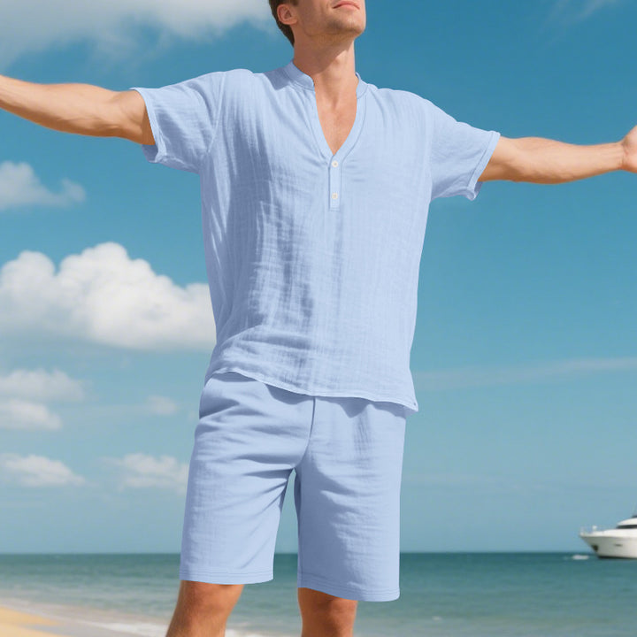 Herren lässiges Leinen-T-Shirt mit kurzer Knopfleiste und passenden Shorts Echoarchiv