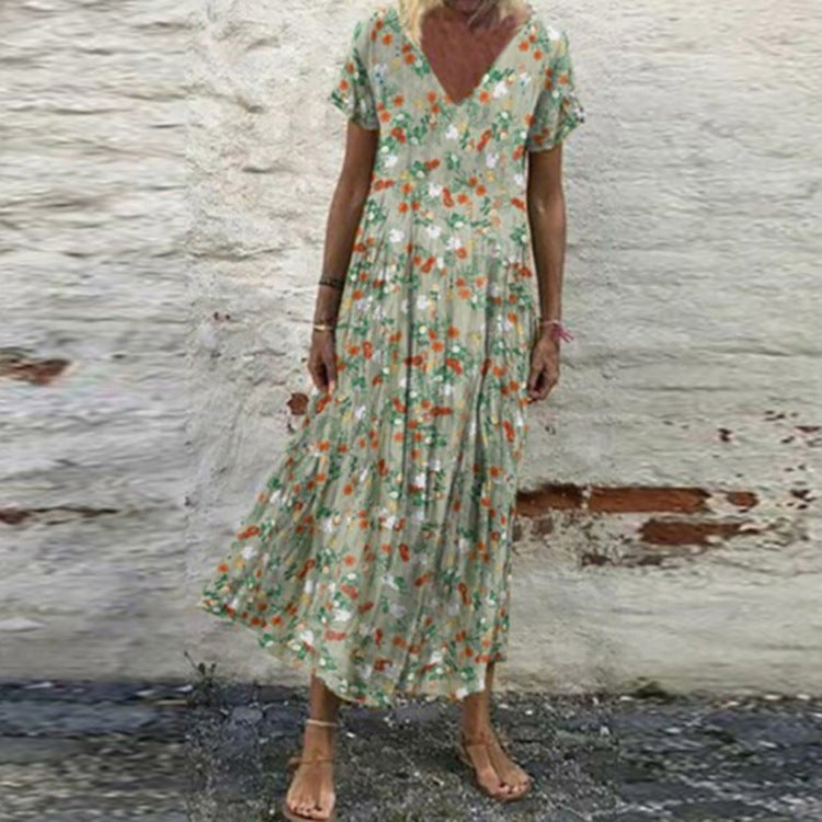 Damen nan V-Ausschnitt-Maxikleid mit feinem Faltenrock, Empire-Passe und Kurzarm Echo Archiv