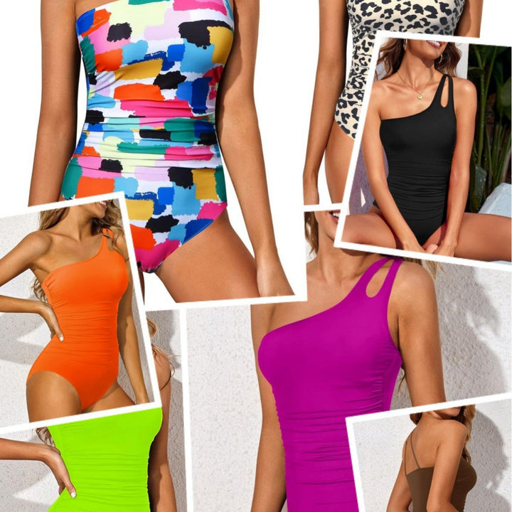 Damen One-Shoulder BadEchoarchivnzug mit Raffung und modischem Leopardenmuster Echoarchiv