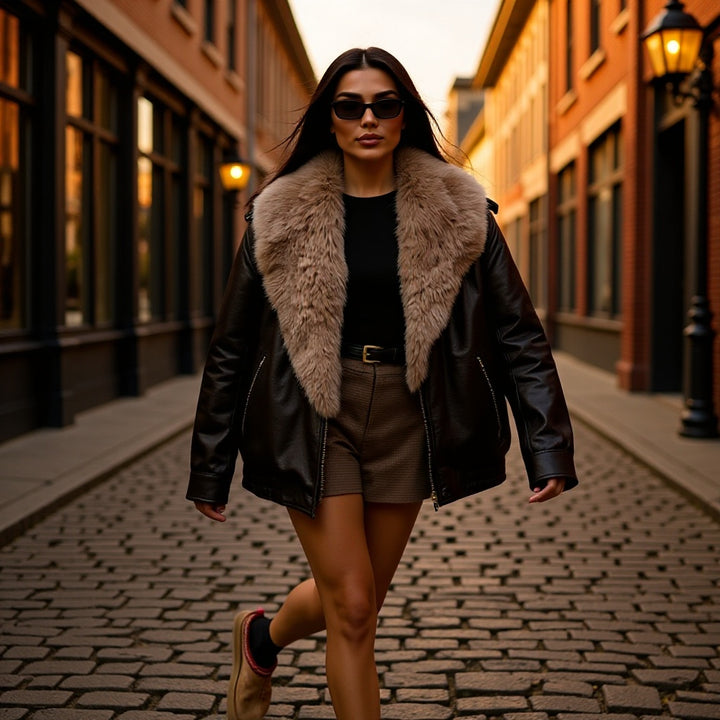 Damen Kurzjacke im Aviatorstil aus Lederoptik mit extragroßem Kunstfellkragen und metallischem Reißverschluss Echo Archiv