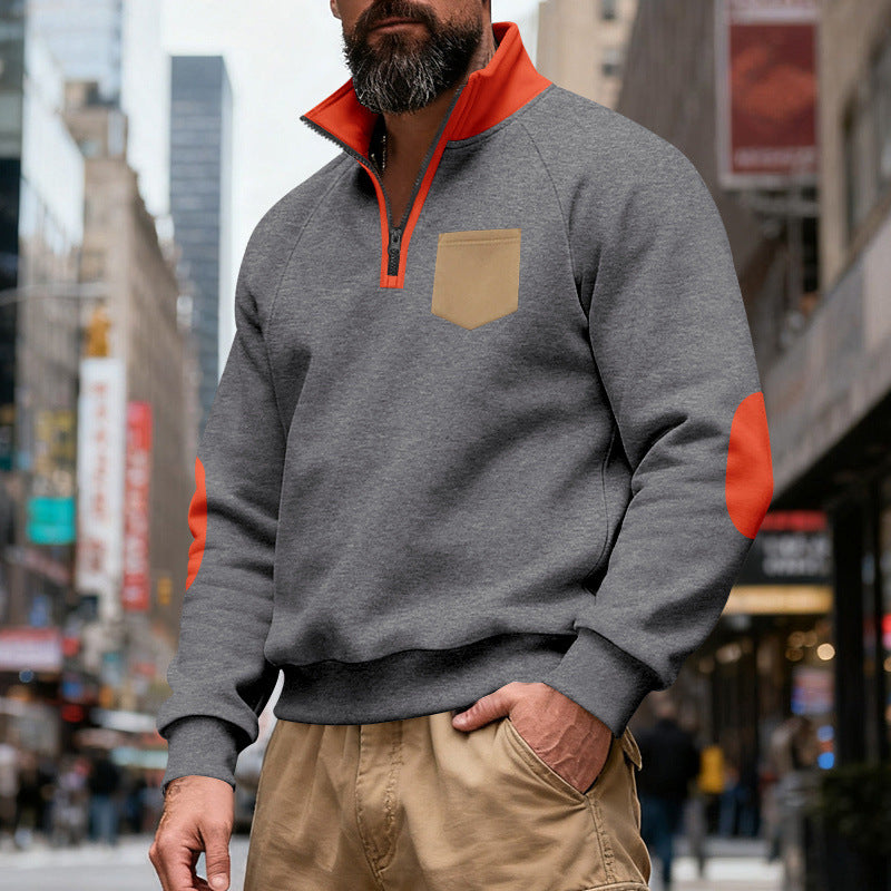 Herren nan Quarterzip-Sweatshirt mit Stehkragen, kontrastiertem Reißverschluss, Ellbogenpatches und Brusttasche Echo Archiv