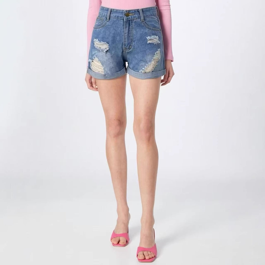 Damen Destroyed Denim-Shorts mit hohem Bund und stylischem Fransen-Look Echo Archiv