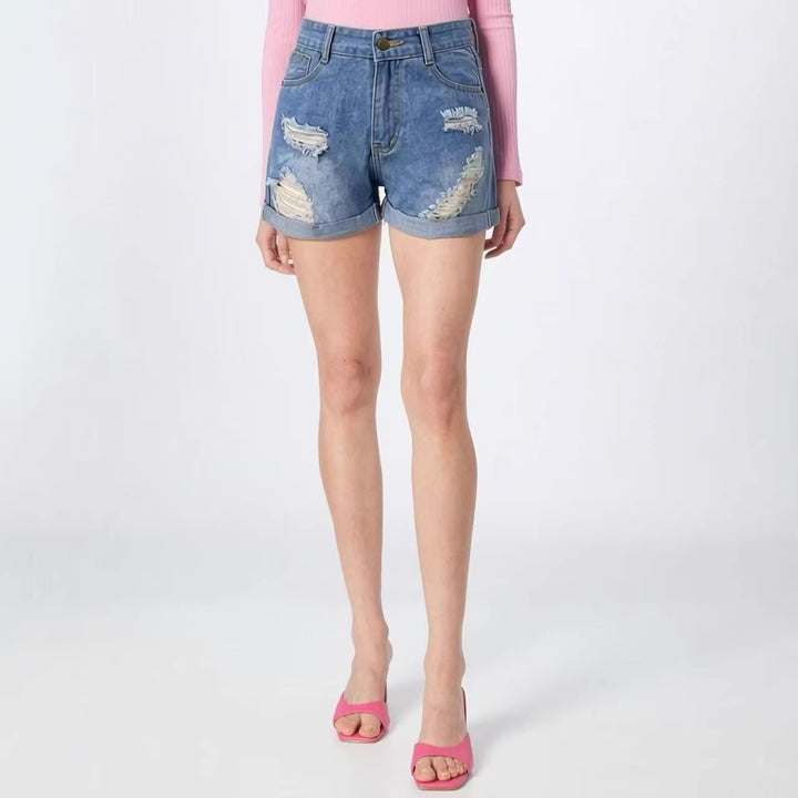 Damen Destroyed Denim-Shorts mit hohem Bund und stylischem Fransen-Look Echo Archiv