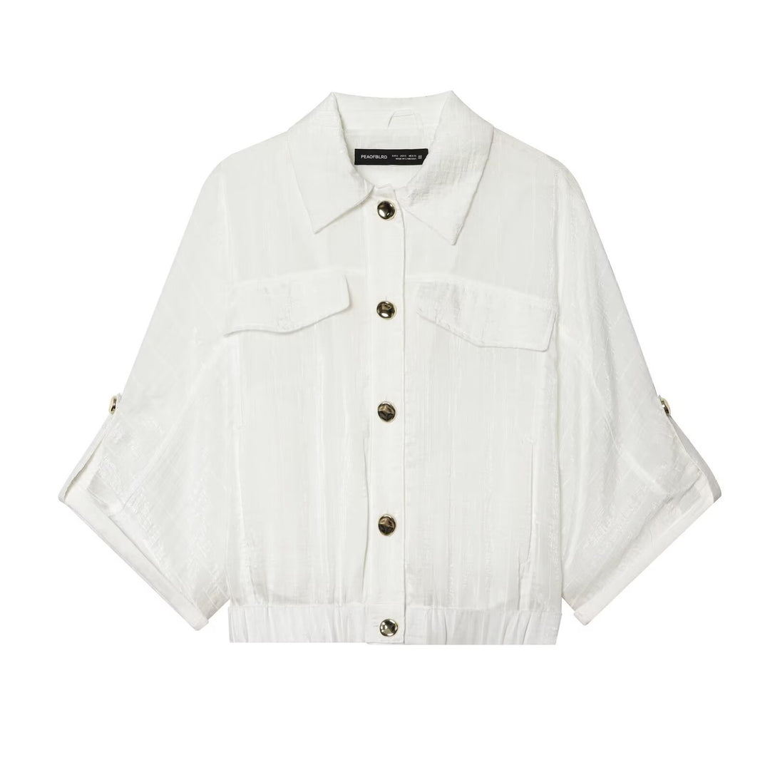 Damen Cropped-Hemdenbluse mit Fledermausärmeln, Brusttaschen und elastischem Taillenbund Echo Archiv