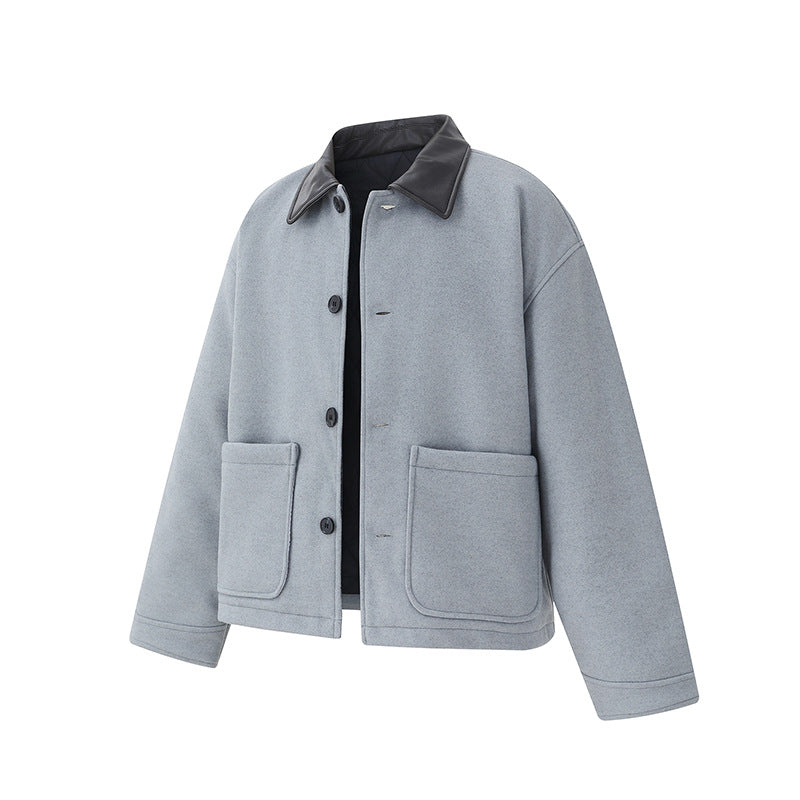 Unisex Kurzblouson im minimalistischen Workwear‑Look aus Wollmix mit Lederoptikkragen Echoarchiv