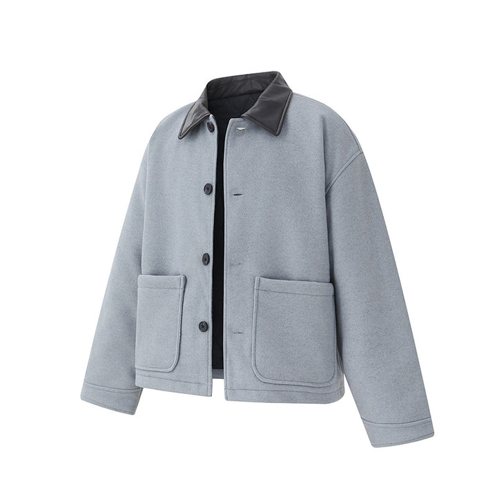 Unisex Kurzblouson im minimalistischen Workwear‑Look aus Wollmix mit Lederoptikkragen Echoarchiv