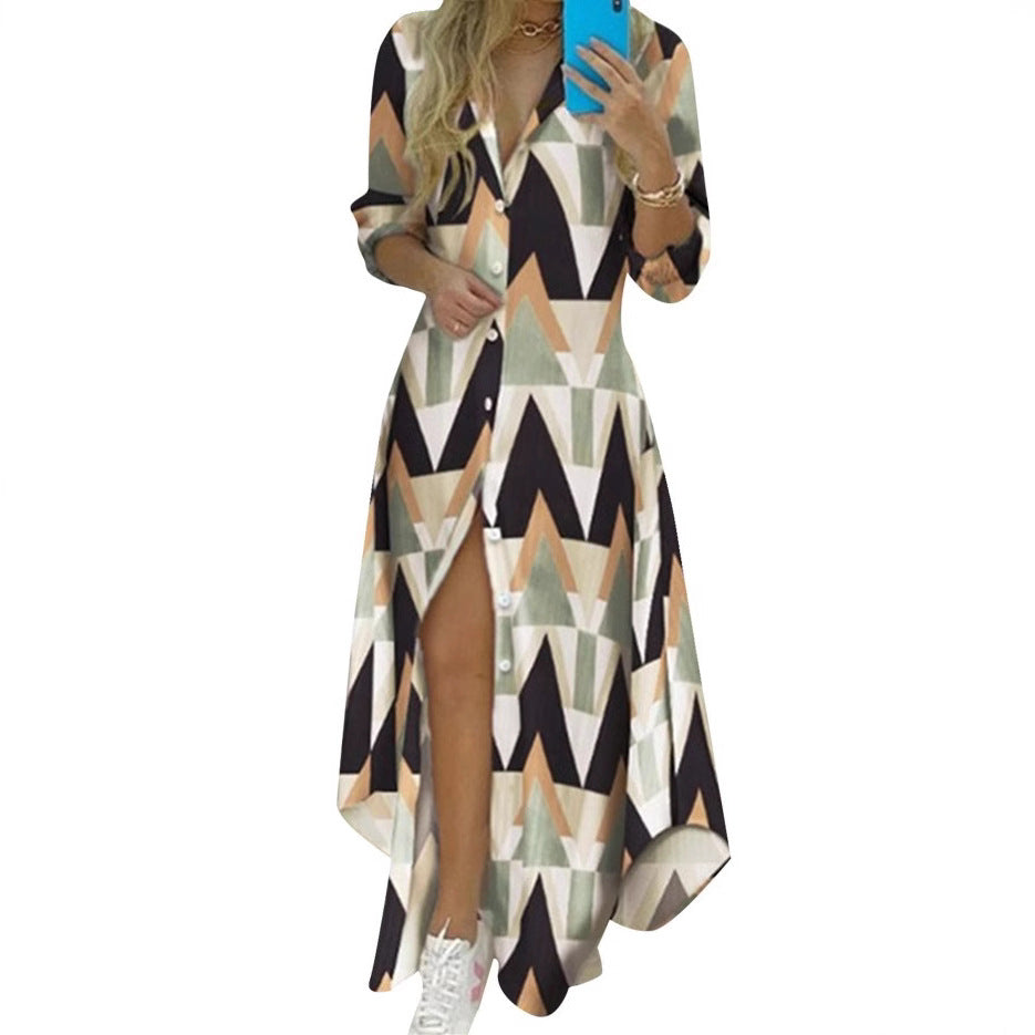 Damen nan knopfbares Maxi-Hemdkleid mit geometrischem Muster, V-Ausschnitt, Kentkragen und hohem Beinschlitz Echo Archiv