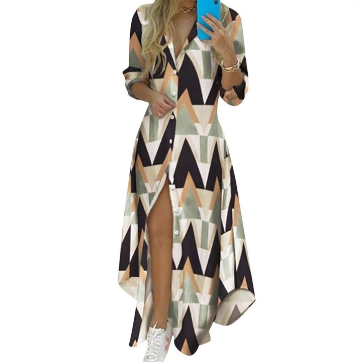 Damen nan knopfbares Maxi-Hemdkleid mit geometrischem Muster, V-Ausschnitt, Kentkragen und hohem Beinschlitz Echo Archiv