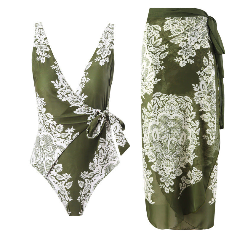 Damen Einteiler Badeanzug mit modischem Wickeldesign und floralem Muster Echo Archiv