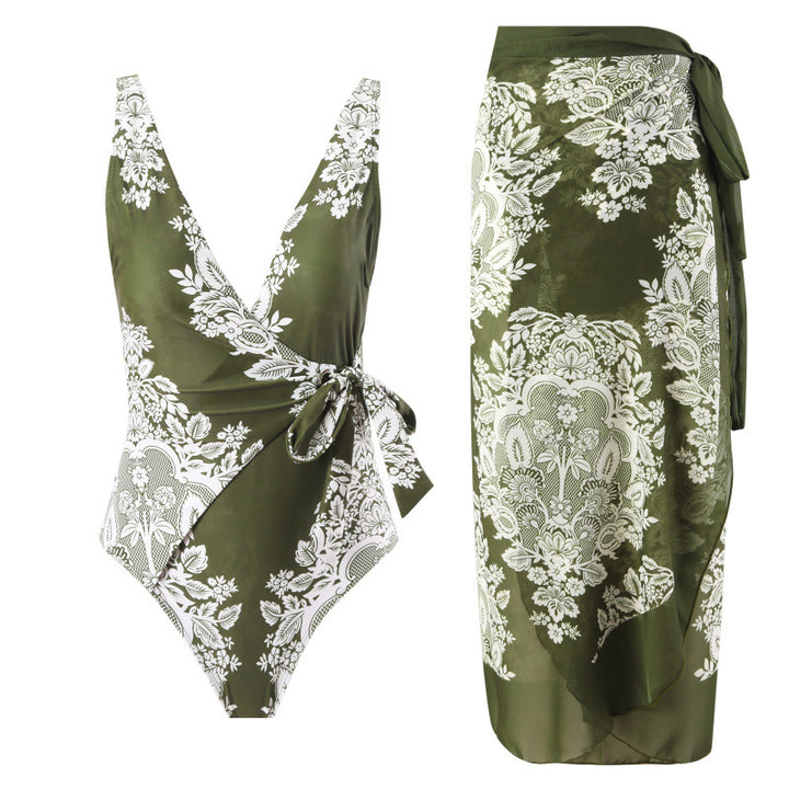 Damen Einteiler Badeanzug mit modischem Wickeldesign und floralem Muster Echo Archiv