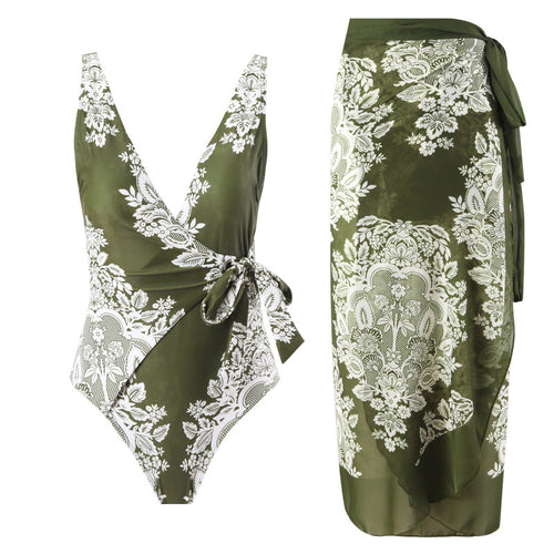 Damen Einteiler Badeanzug mit modischem Wickeldesign und floralem Muster Echo Archiv