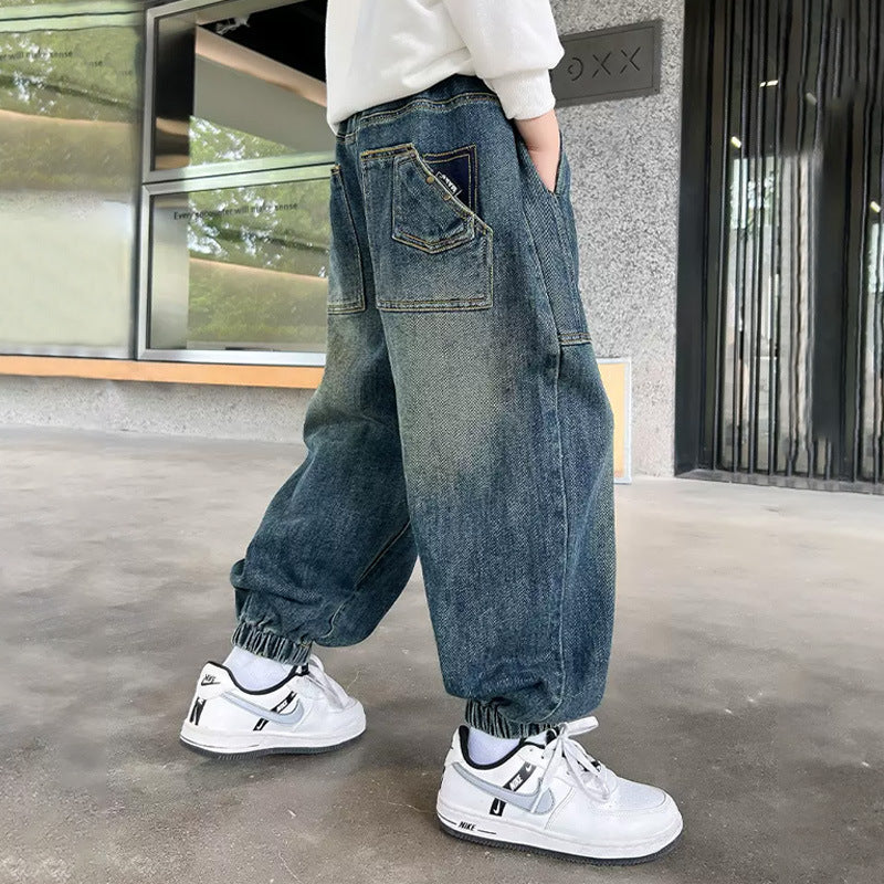 Unisex weite Denim-Hose mit elastischen Bündchen und großen Taschen Echo Archiv