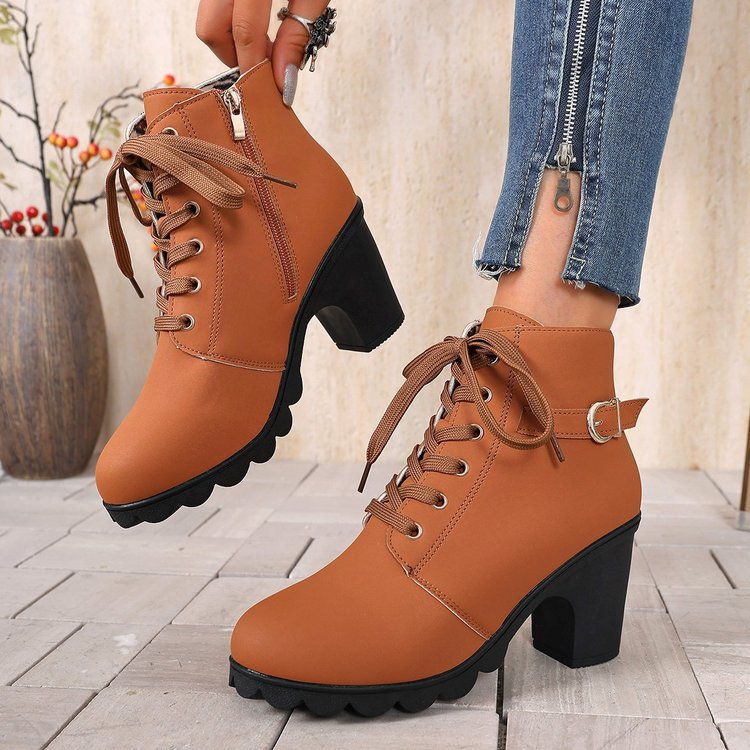 Damen nan knöchelhohe Schnür-Stiefelette mit seitlichem Reißverschluss, dekorativer Gürtelschlaufe, mittelhohem Blockabsatz und profilstarker Laufsohle Echo Archiv