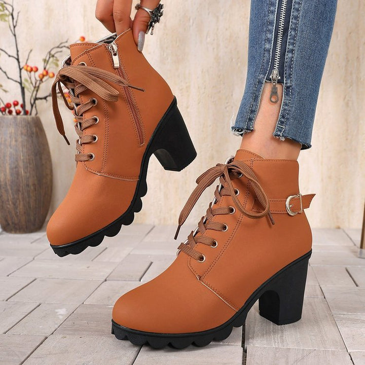 Damen nan knöchelhohe Schnür-Stiefelette mit seitlichem Reißverschluss, dekorativer Gürtelschlaufe, mittelhohem Blockabsatz und profilstarker Laufsohle Echo Archiv