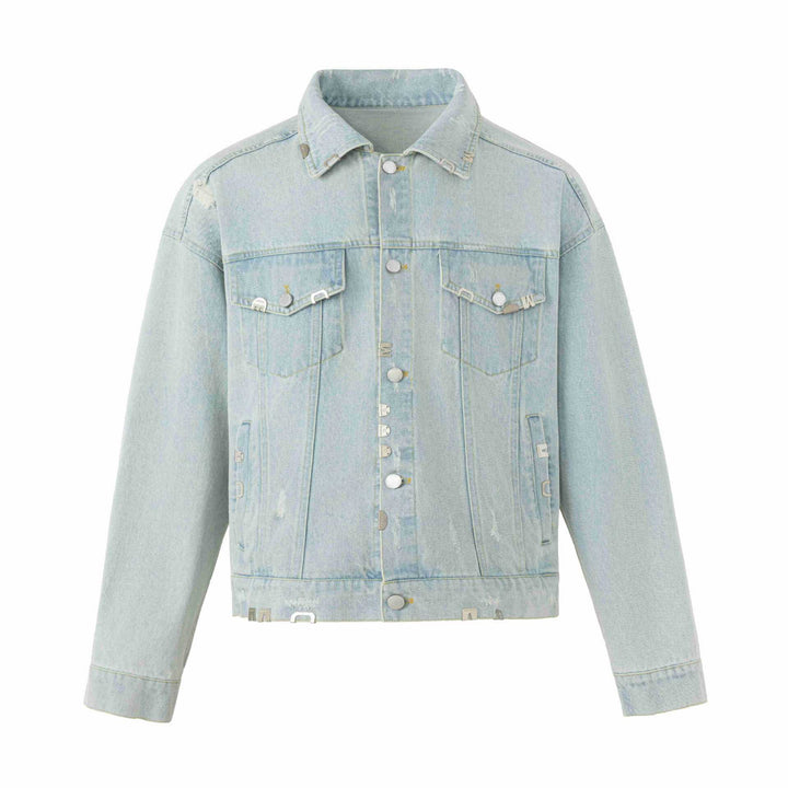 Unisex Kastig geschnittene Jeansjacke mit Logo‑Nieten und Vintage‑Washed‑Effekt Echoarchiv
