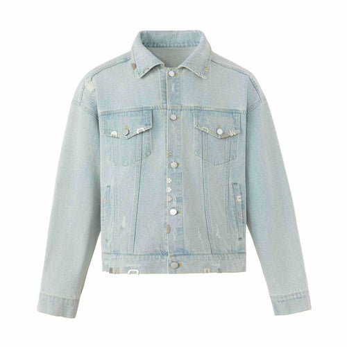Unisex Kastig geschnittene Jeansjacke mit Logo‑Nieten und Vintage‑Washed‑Effekt Echoarchiv