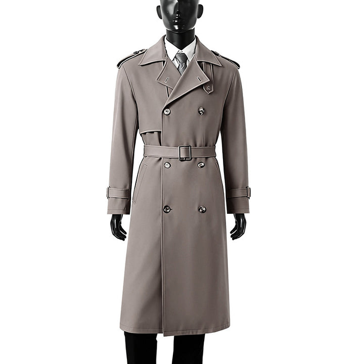 Herren Zeitloser Doppelreihiger Trenchcoat mit Taillengürtel, Schulterklappen und Manschettenriemen Echoarchiv