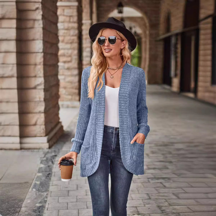 Damen nan langer gerippter Cardigan mit aufgesetzten Taschen und offener Front Echo Archiv