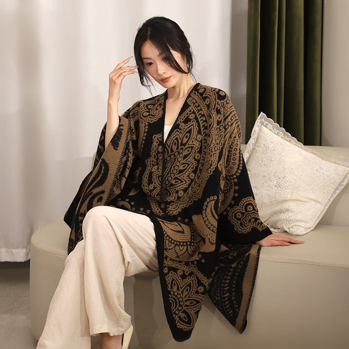 Damen Jacquard-Wollcape mit Paisley-Muster und offenem Überwurf – Avérine