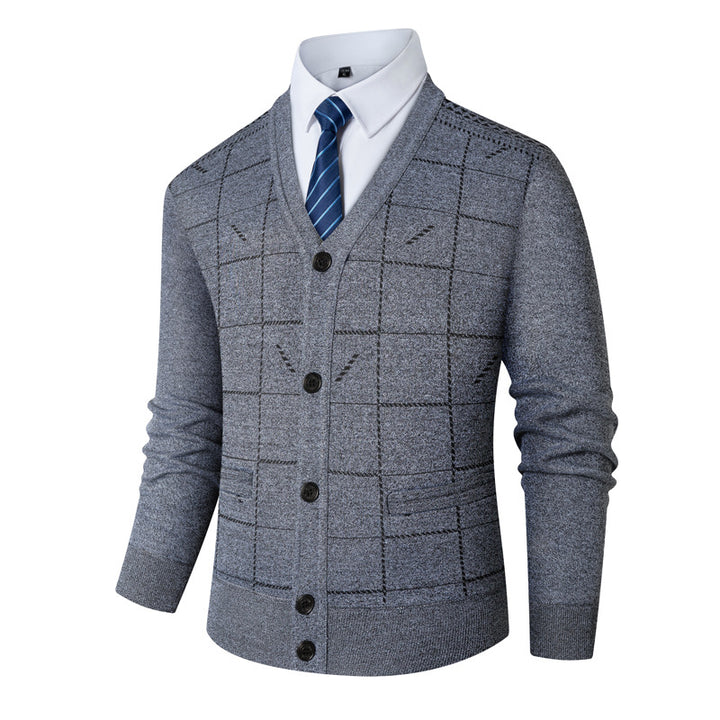Herren V-Ausschnitt Strickjacke mit modernen Karomuster Echoarchiv