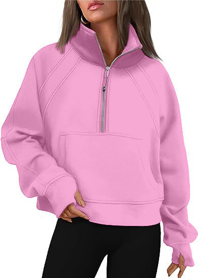 Damen nan weit geschnittenes Kurzpullover mit Stehkragen, halbem Reißverschluss und Kängurutasche Echo Archiv
