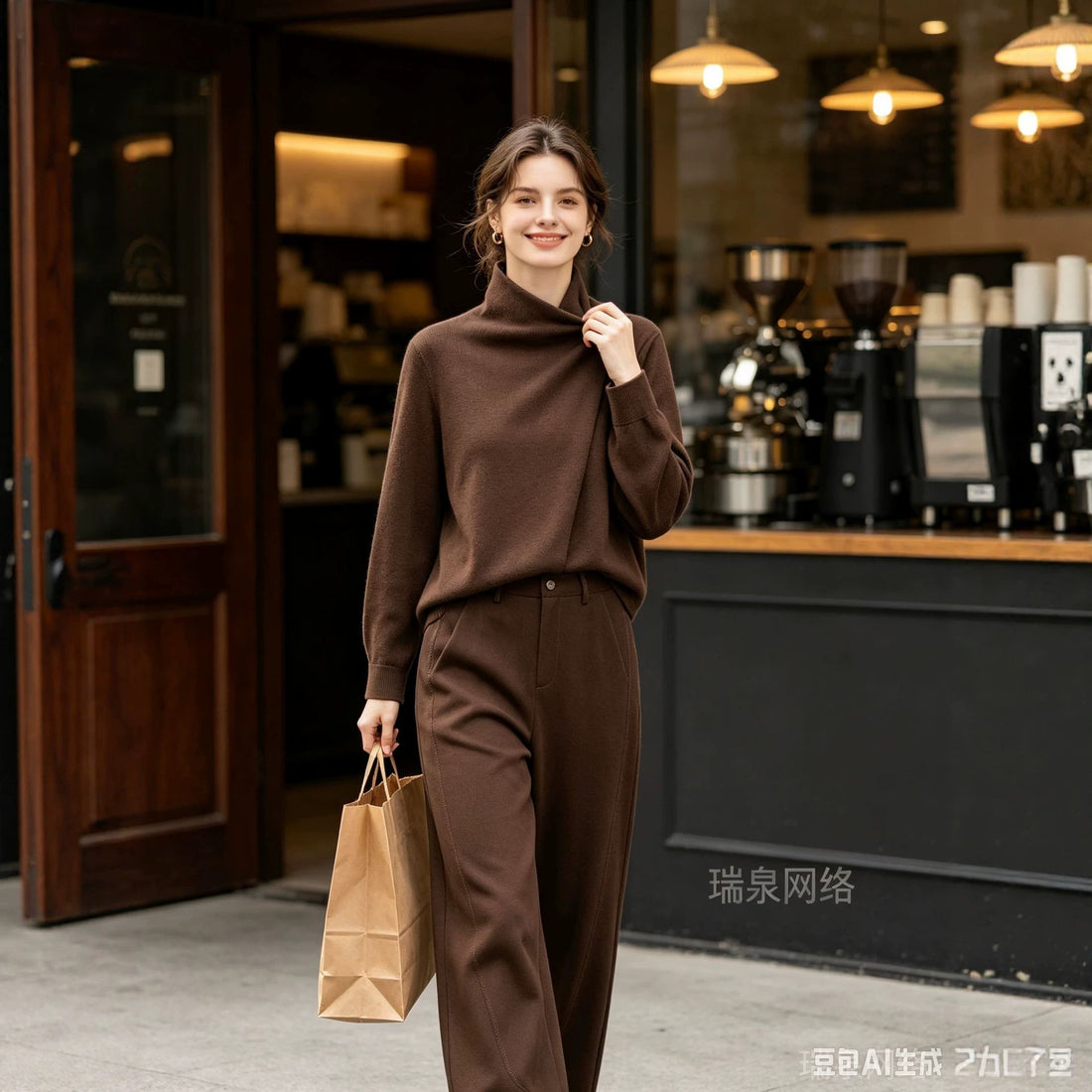 Damen Zweiteiliges Ensemble mit asymmetrischem Rollkragenoberteil und weiter Hochbundhose Echoarchiv