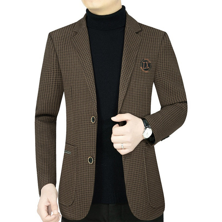 Herren Slim-Fit Sakko mit Hahnentritt-Muster und Wappen-Emblem – Tianoro
