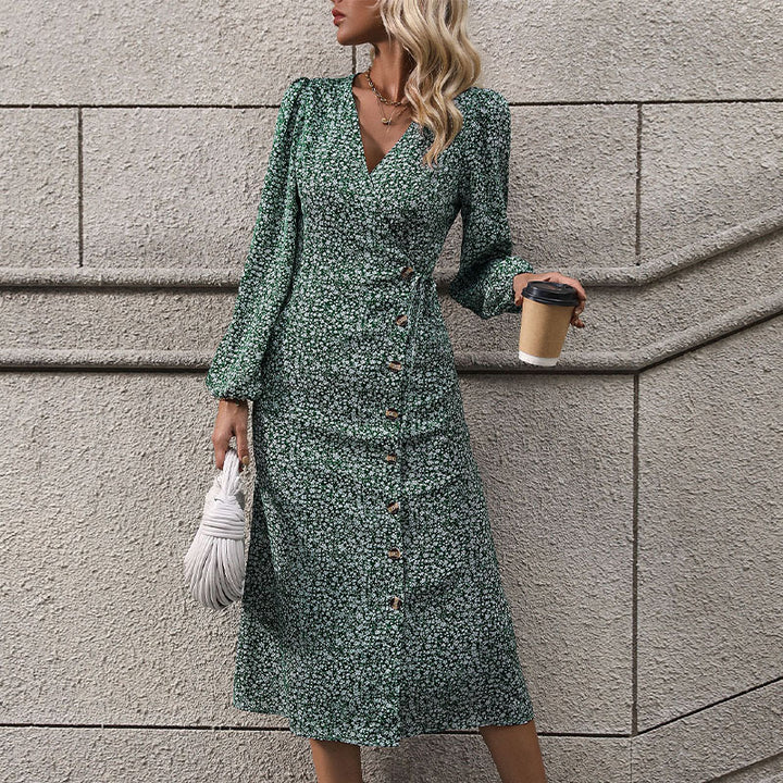 Damen Florales Wickel-Midikleid mit asymmetrischer Knopfleiste und geraffter Taille Echoarchiv