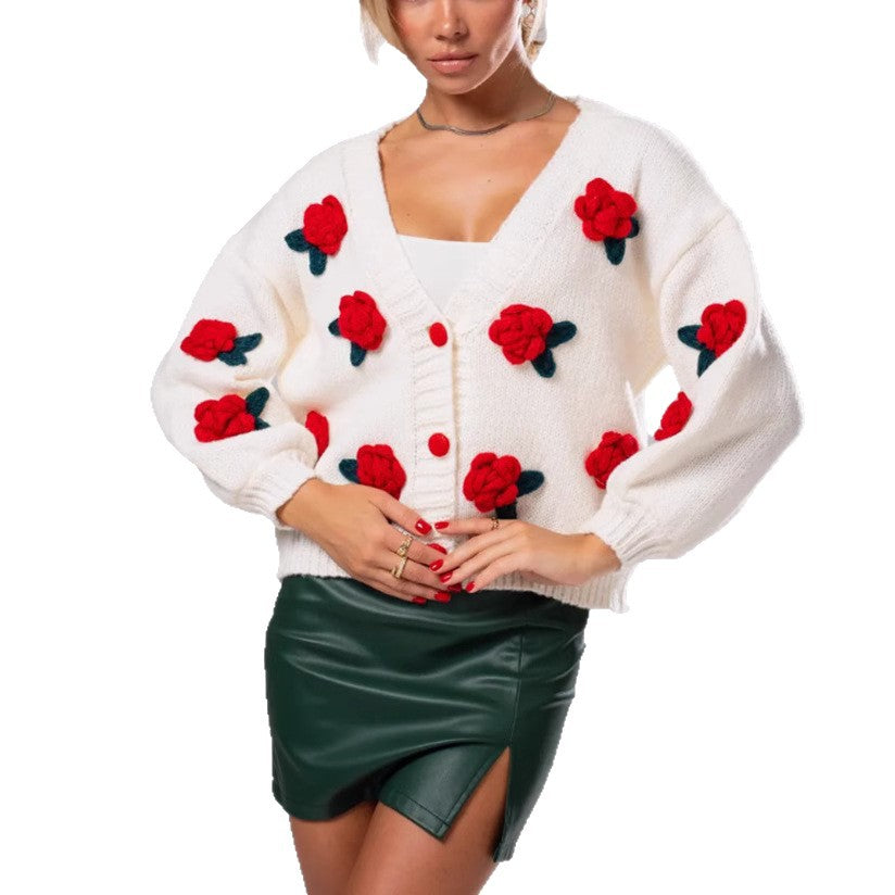 Damen Geblümter Strick-Cardigan mit 3D-Blumenapplikationen und V-Ausschnitt – Veloura