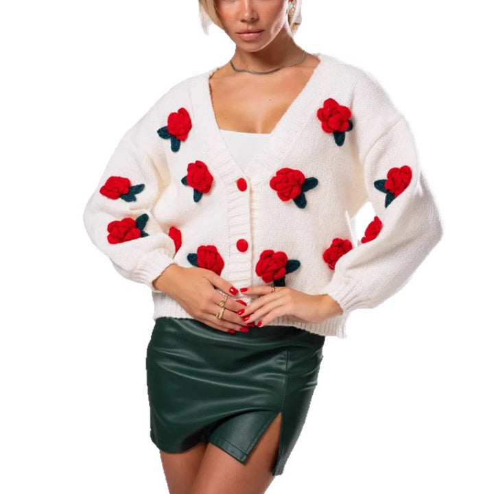Damen Geblümter Strick-Cardigan mit 3D-Blumenapplikationen und V-Ausschnitt – Veloura