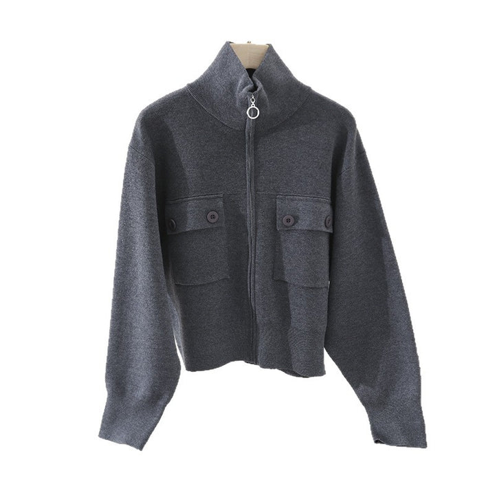 Damen Kurze strukturierte Strickjacke mit Stehkragen, Metallreißverschluss & Brusttaschen Echo Archiv