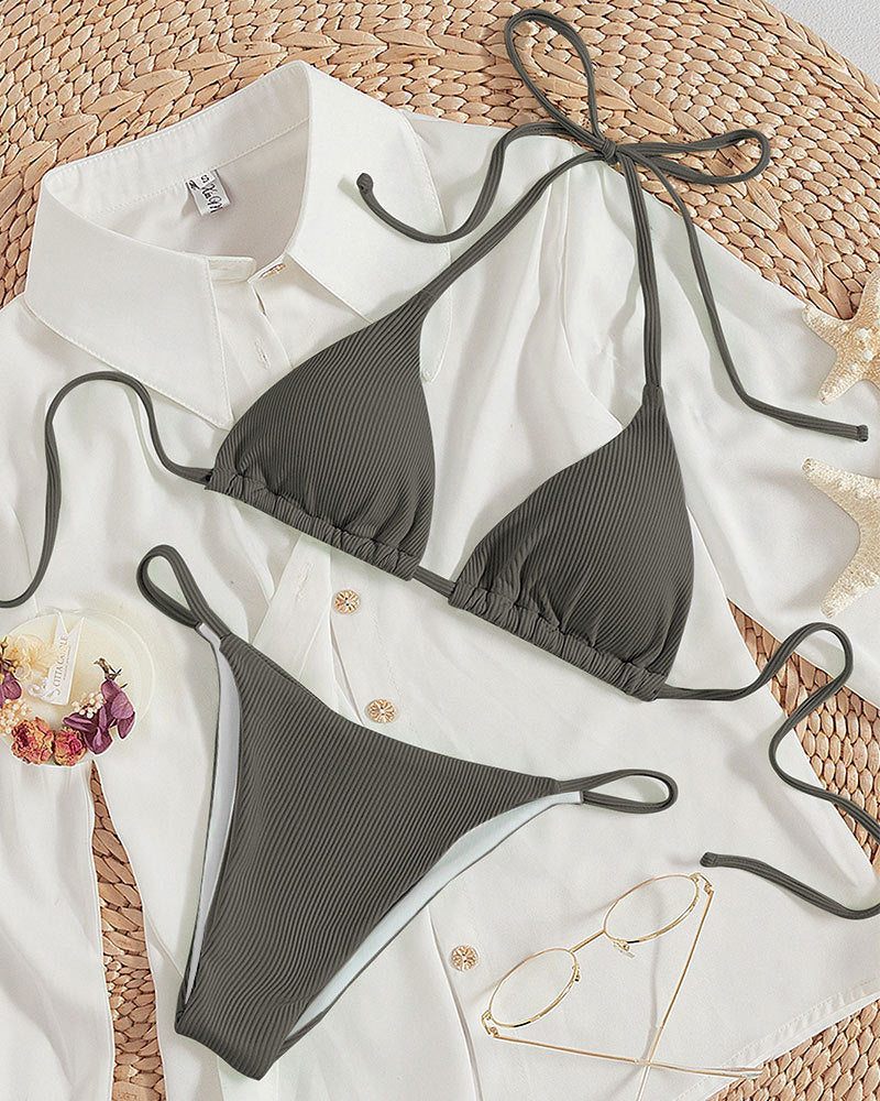 Damen Triangel-Bikini mit feinem Rippstruktur und verspielten Bindebändern Echo Archiv