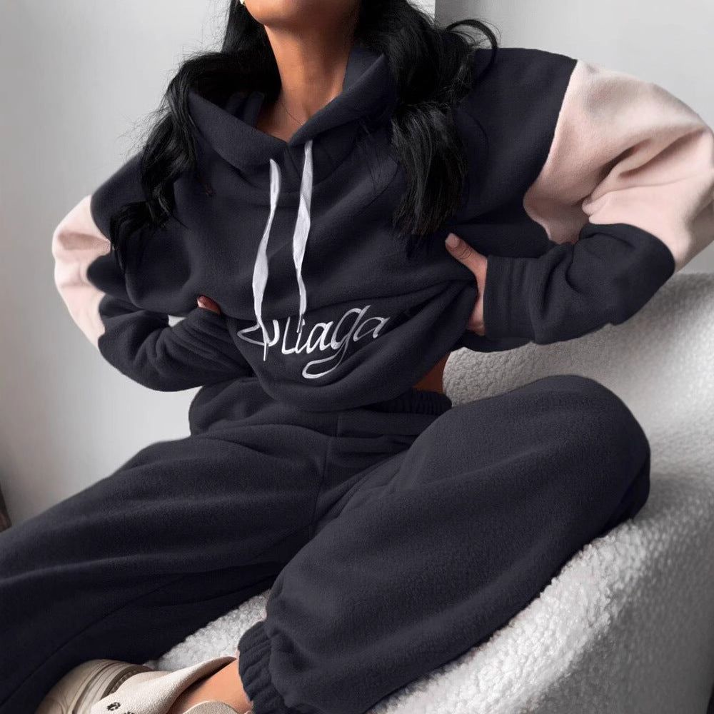 Damen kuscheliges Hoodie-Set mit kontrastärmel, elastischer High-Waist-Jogginghose und überschnittener Kapuze – Auréline