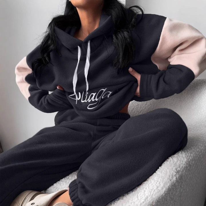 Damen kuscheliges Hoodie-Set mit kontrastärmel, elastischer High-Waist-Jogginghose und überschnittener Kapuze – Auréline