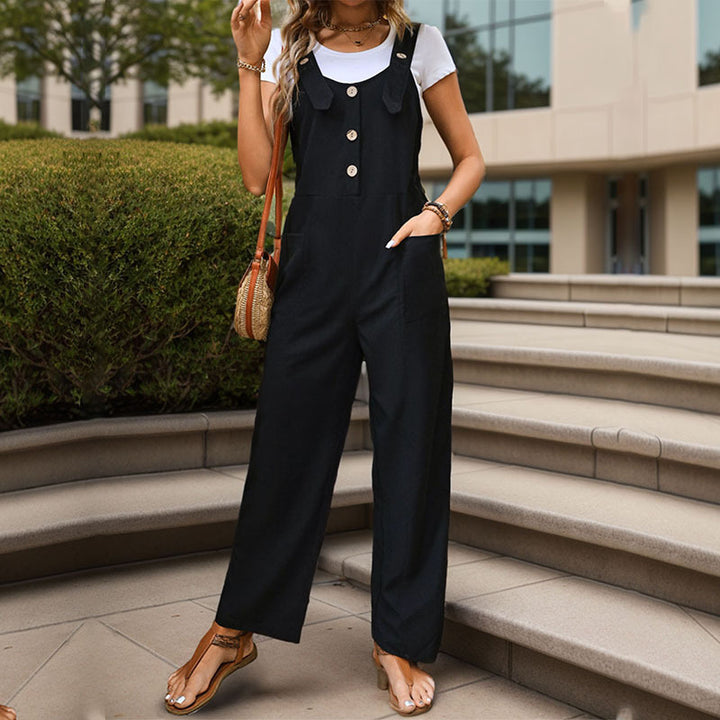 Damen Weichfallender Latz-Jumpsuit mit weitem Bein und Holzknopf‑Verschluss Echoarchiv