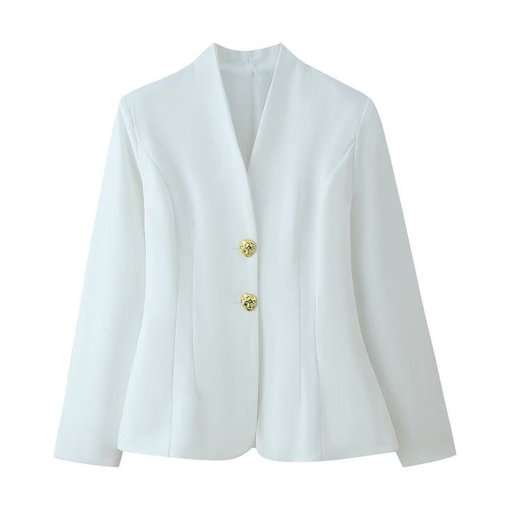 Damen figurnahe Blazerjacke mit Stehkragen, formgebenden Teilungsnähten und goldenen Zierknöpfen Echoarchiv